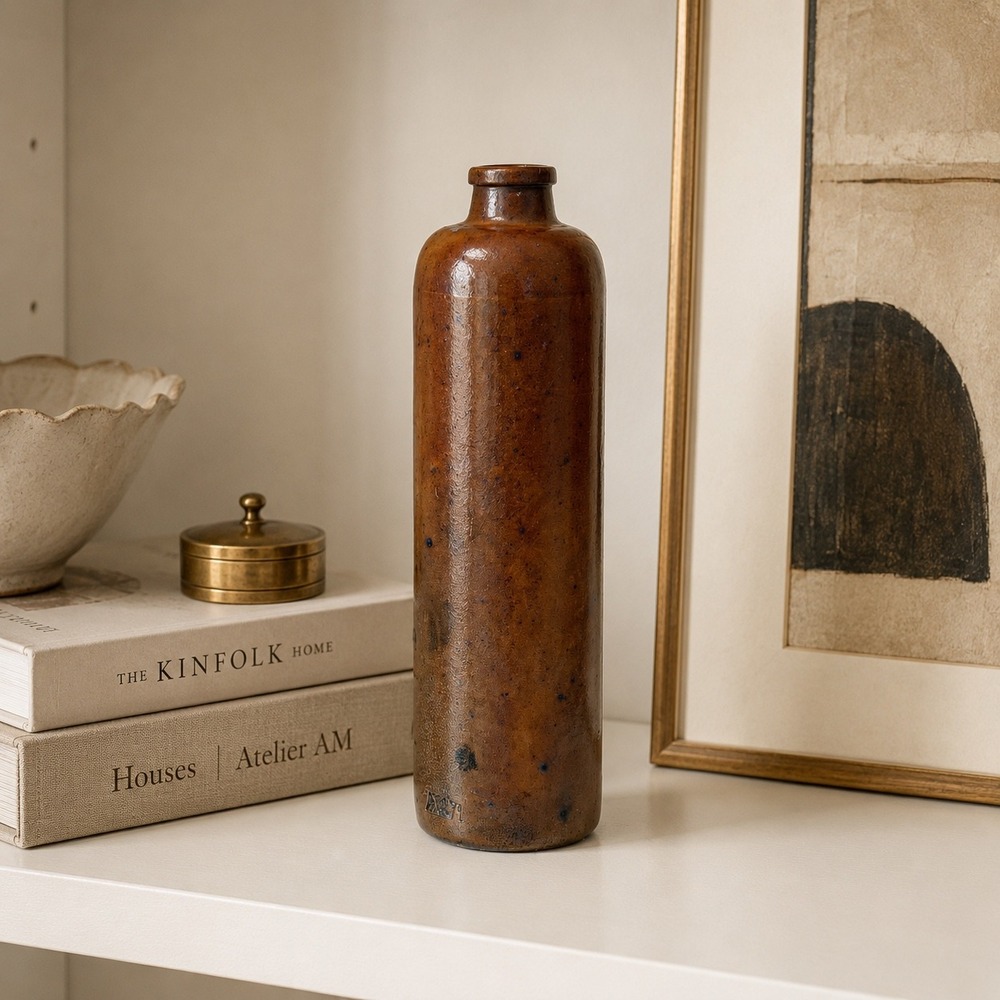 Vintage Studio Pottery Bottle Vase Brown Ceramic Vessel Shelf Decor Art